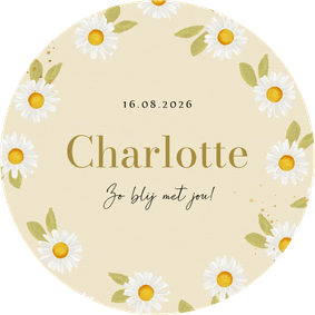 Rond geboortekaartje madeliefjes waterverf goud spetters