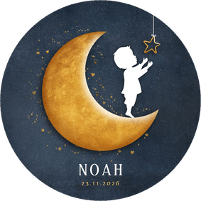 Rond geboortekaartje met silhouet van jongen op een maan