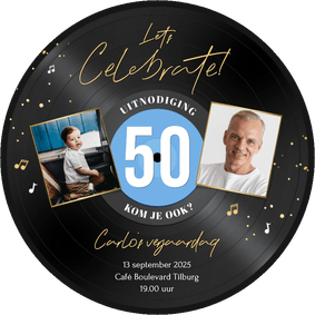 Ronde kaart LP vorm uitnodiging 50 jaar muziek feestje