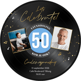 Ronde kaart LP vorm uitnodiging 50 jaar muziek feestje