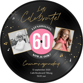 Ronde kaart roze LP vorm uitnodiging 60 jaar muziek feestje 