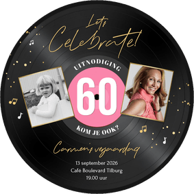Ronde kaart roze LP vorm uitnodiging 60 jaar muziek feestje