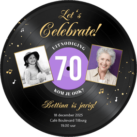 Ronde kaart roze LP vorm uitnodiging 70 jaar muziek feestje