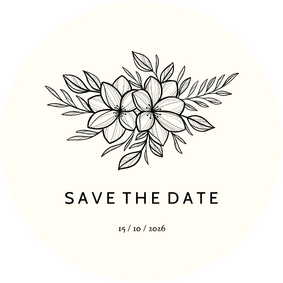 Ronde save the date zwarte lijntekening van bloemen