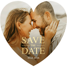 Save the Date fotokaart in hartvorm met goudlook letters
