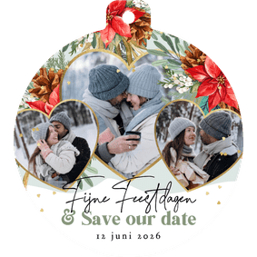 Stijlvolle kerstkaart save the date botanisch harten goud