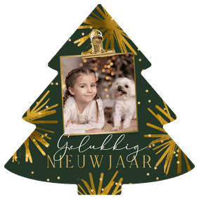Trendy nieuwjaarskaart kerstboomvorm vuurwerk ster goud
