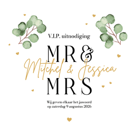 Trouwkaart eucalyptus stijlvol hartvorm hartjes uniek