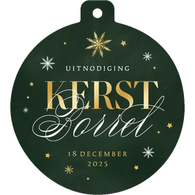 Uitnodiging kerstborrel kerstbal sneeuw sterren goud