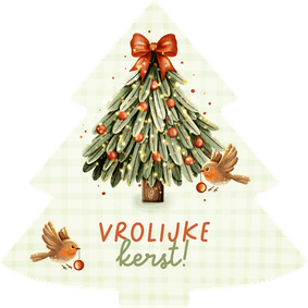 Vrolijk kerstkaartje kerstboom met roodborstjes
