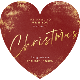 Waterverf kerstkaartje rood met gouden glitters in hartvorm