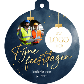Zakelijke kerstkaart donkerblauw met twee foto kerstbalvorm