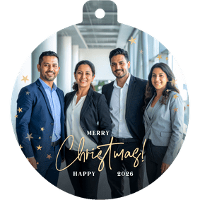 Zakelijke kerstkaart met grote foto - kaart in kerstbal vorm