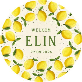 Zomers rond geboortekaartje met citroenen - meisje