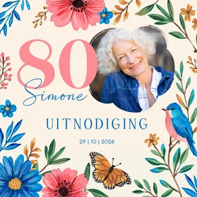80e Verjaardag Uitnodiging met Bloemen en Foto