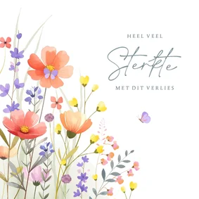 Aquarel condoleance met gemengde wilde bloemen en vlinders