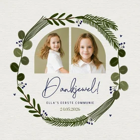 Bedankkaart eerste communie botanische krans met foto's