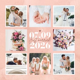 Bedankkaart fotocollage roze waterverf hartjes datum