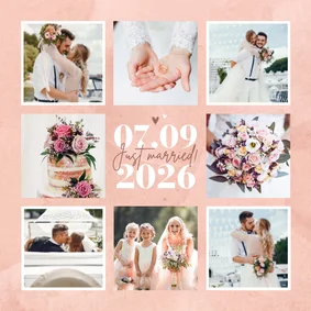Bedankkaart fotocollage roze waterverf hartjes datum