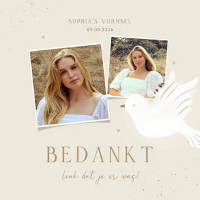 Bedankkaart heilig vormsel beige duif hartjes