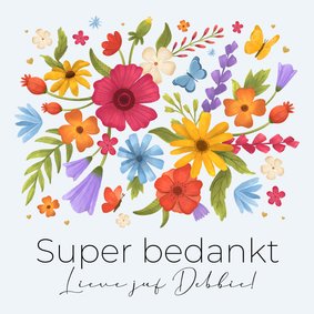 Bedankkaart juf bloemen schooljaar kleurrijk fleurig