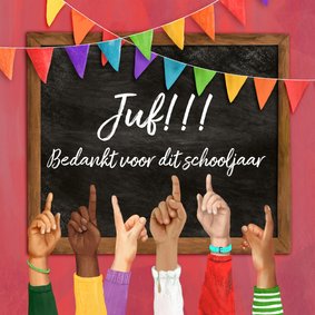 Bedankkaart juf opgestoken vingers voor een schoolbord