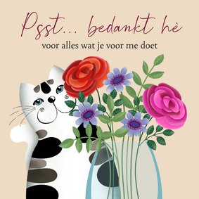 Bedankkaart - Kat en een vaas bloemen