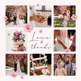 Bedankkaart lente bruiloft fotocollage roze bloesem