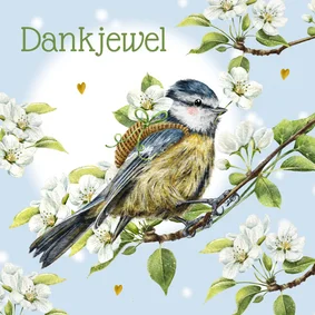 Bedankkaart met pimpelmeesje op een bloesemtak
