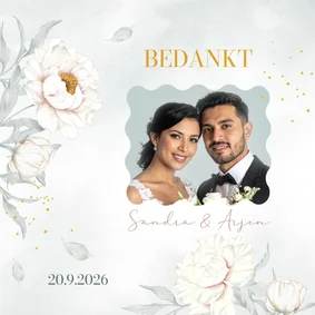 Bedankkaart witte pioenrozen met goudlook