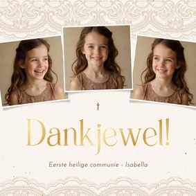 Bedankkaartje communie met beige kant en gouden spetters