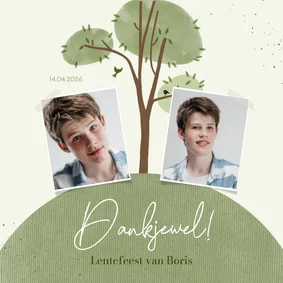 Bedankkaartje lentefeest boom en wereld met foto's