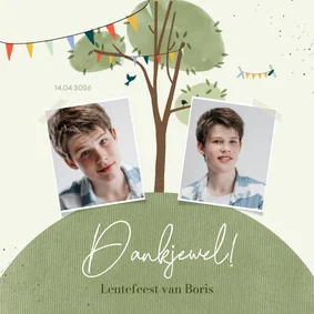 Bedankkaartje lentefeest boom en wereld met foto's