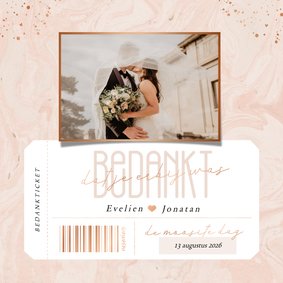 Bedankkaartje voor huwelijk met foto roze marmer ticket