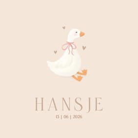 Beige geboortekaartje lief gans met strik meisje klassiek