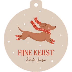 Beige kerstkaartje in kerstbal vorm met teckel en sterren