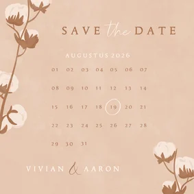 Beige save the date kaart met katoentakje en kalender