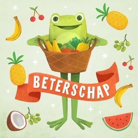 Beterschapkaart kikker fruitmand opkikkertje fruit grappig