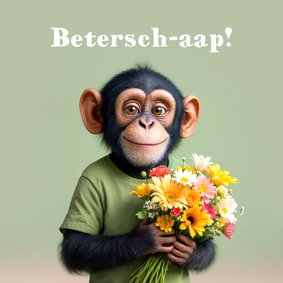 Beterschapskaart aap chimpansee bloemen beter humor