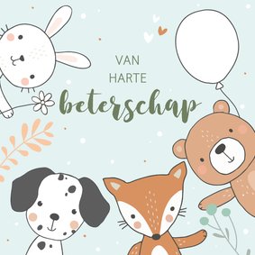 Beterschapskaart - Dieren met ballon en confetti