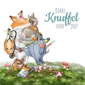 Beterschapskaart een knuffel dokter vos en patiënt konijn