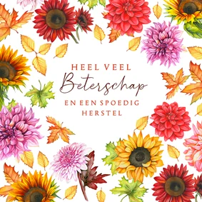 Beterschapskaart herfstbloemen en herfstblad