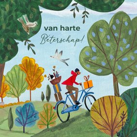 Beterschapskaart man op de fiets met fruit in de natuur