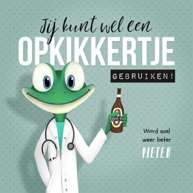 Beterschapskaart man opkikker dokter ziekenhuis kikker