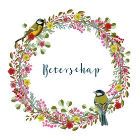 Beterschapskaart met bloemenkrans en vogels