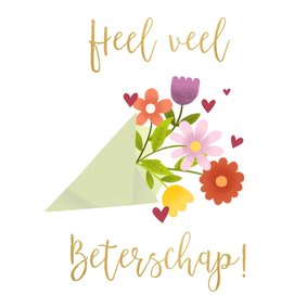 Beterschapskaart met bos bloemen en gouden typografie