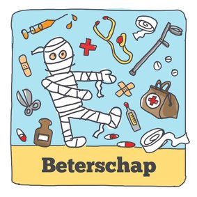 Beterschapskaart met figuurtje in verband en doktersspullen