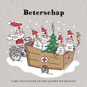 Beterschapskaart met kerstmannen en kerstboom in bakfiets