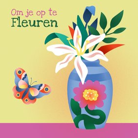 Beterschapskaart met met kleurrijke bloemen en vlinder