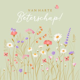 Beterschapskaart met sierlijk geïllustreerde wilde bloemen